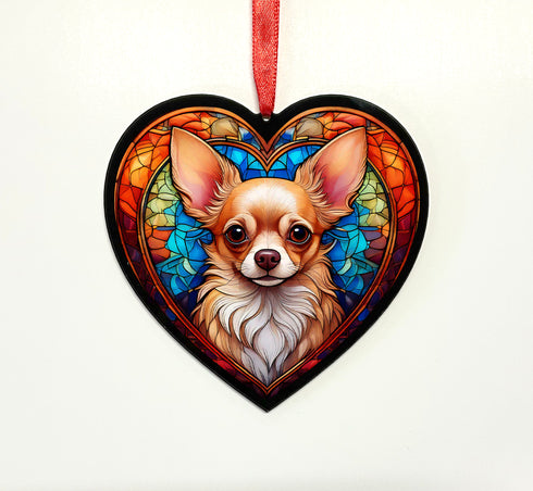 Chihuahua Fawn Stained Glass Effect Heart Suncatcher